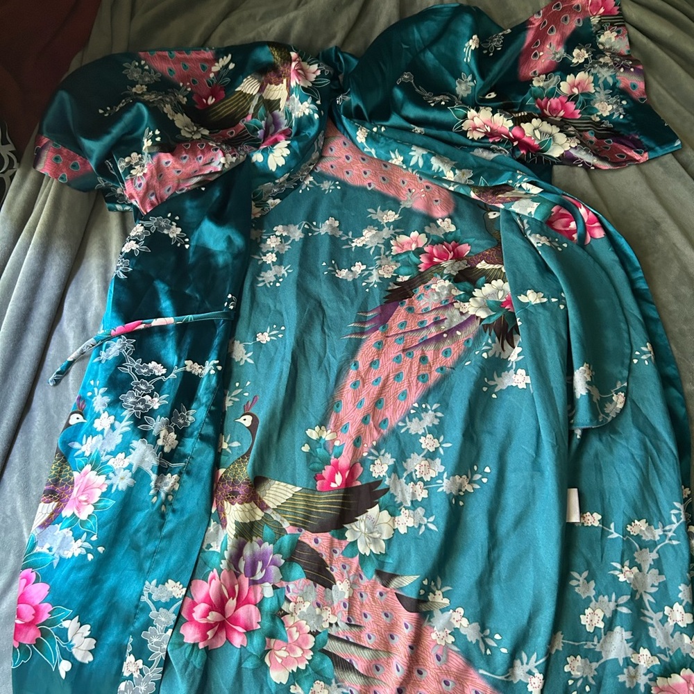 Babeyond Teal Floral Kimono Robe